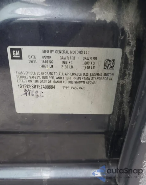 2014 Chevrolet Cruze Lt from USA, damaged, VIN 1G1PC5SB1E7400884